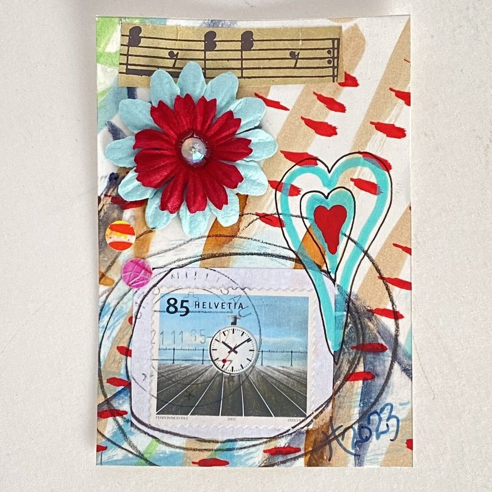 ACEO Original Acrylic Painting Swiss Postage Stamp Art Tristina Dietz Elmes ATC